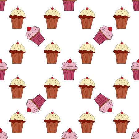 Chocolate and pink cake pattern on white background. Vector image for use in textile or packaging designのイラスト素材