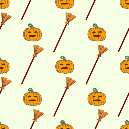 Pattern of pumpkin and broom for holiday of halloween. Vector isolated image for web design or textilesのイラスト素材