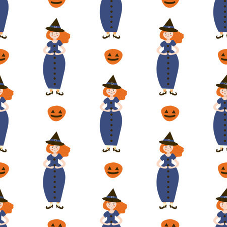 Witch and pumpkin pattern in simple style on white background. Vector image to use as print in clothes or backgroundのイラスト素材