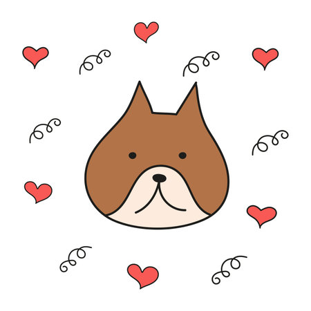 Brown dog with hearts in style of doodles on white background. Vector image for use in web design or clipartのイラスト素材
