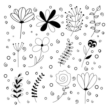 Set of spring plants and flowers doodle. Vector isolated image for use in web design or textilesのイラスト素材