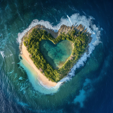 Birds-eye view of a heart-shaped island washed by the oceanの素材