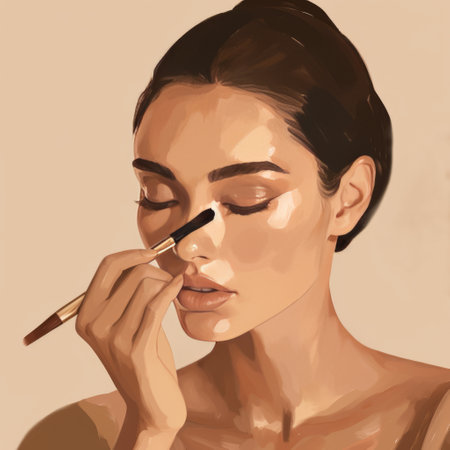 She is using a brush to apply lipstick on her lipsの素材