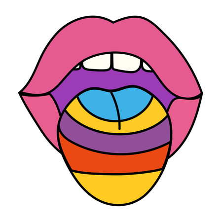 A colorful cartoon drawing depicting a womans mouth, featuring a bright rainbowcolored tongue playfully sticking out. It's vibrant and cheerfulのイラスト素材