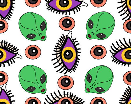 Pattern of aliens and purple eyes on a white backgroundのイラスト素材
