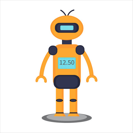 It has a friendly design with antennas on its head, articulated arms, and legs, making it ideal for use in tech projects, educational content, robotics, artificial intelligence themes, and futuristic illustrationsのイラスト素材