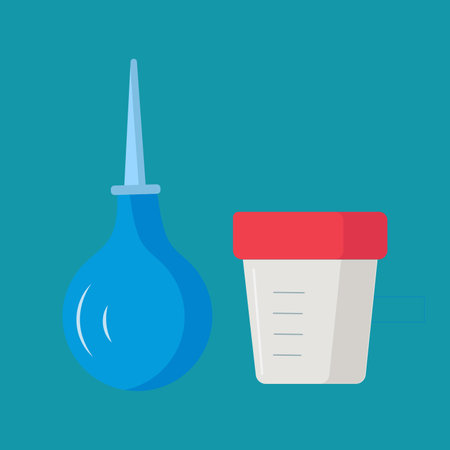 The image shows a blue enema bulb syringe and a white urine sample container with a red lid, commonly used in medical practicesのイラスト素材
