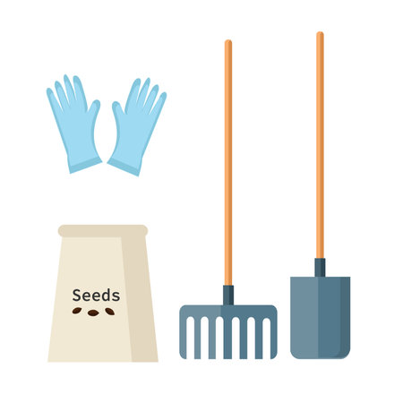 A collection of gardening tools and supplies is ready for spring planting in this illustration against a white backgroundのイラスト素材