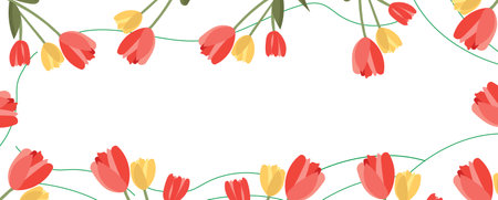 Decorative border or frame of red and yellow tulips on a white background create a fresh and elegant floral design elementのイラスト素材