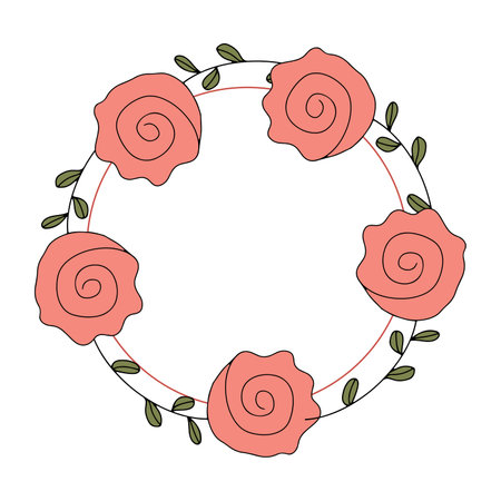 A circular floral wreath six features pink roses and green leaves, perfect for adding a touch of elegance to your designのイラスト素材