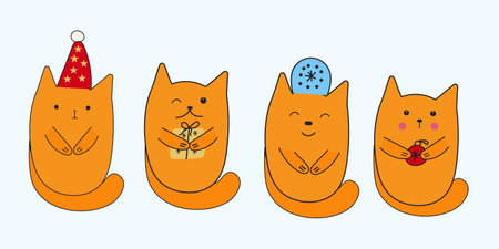Whimsical cartoon illustration of four festive orange cats in different holiday attire against a light blue background, perfect for seasonal greetingsのイラスト素材