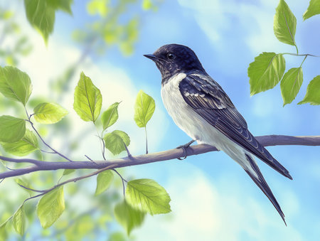 A lovely black and white bird rests peacefully on a tree branch, surrounded by vibrant green leaves and a clear blue sky.の写真素材