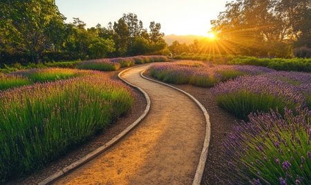Winding garden path through lavender fields at sunset.の素材