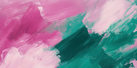 A dynamic artwork featuring broad strokes of pink, white, and teal, creating an immersive and textured abstract design.の写真素材