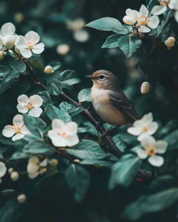 A tiny bird perched on a branch amidst blossoming flowers. A serene moment captured in nature's embraceの素材