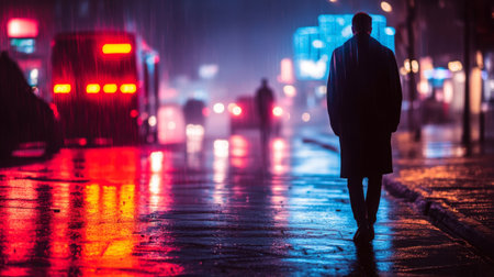 A person walks alone under the rain in a city street with neon lights during the night.の素材