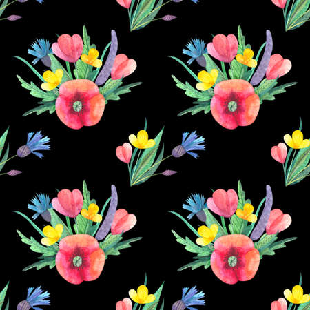 Floral pattern with watercolor wild flowers for linen, textile, invitations, greeting cardsの写真素材
