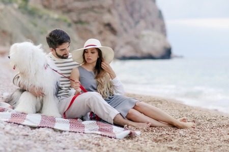 happy couple on the beachの写真素材