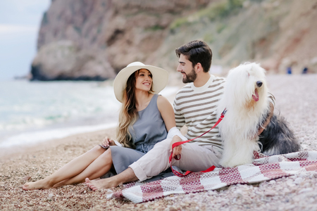 happy couple on the beachの写真素材