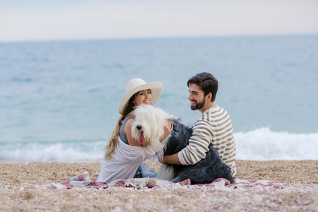 Alternative family with one lady a man and a dog together at the beach enjoying a picnic in friendship and partenership. Having fun in outdoor leisure activity together with love for animalの写真素材
