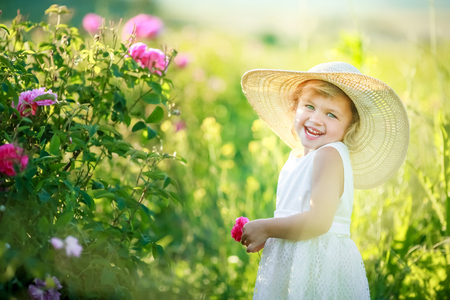 Cute girl wearing hat and white dress stand in the pink flower field of Sunn Hemp Crotalaria Juncea.の写真素材