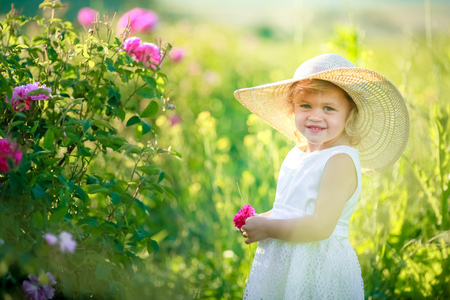 Cute girl wearing hat and white dress stand in the pink flower field of Sunn Hemp Crotalaria Juncea.の写真素材