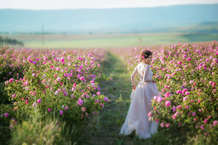 Long wedding dress, beautiful hairstyle and a field of flowersの写真素材