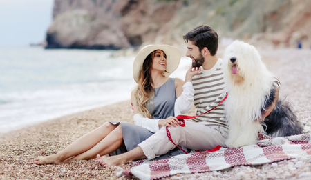 happy couple on the beach with dogの写真素材