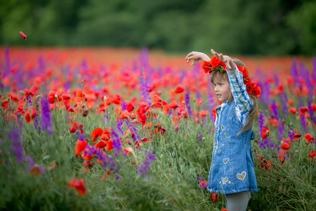 Beautiful girl in poppy wreath in the poppy field and hat. seriesの写真素材