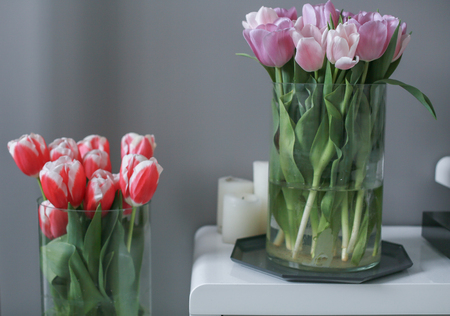 Bouquet of pink tulips in a vase, close up.の写真素材