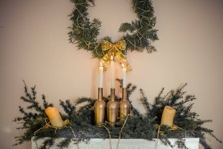 Golden Christmas decorations with large details and a beautiful composition.の写真素材