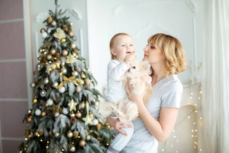 Family photo of mother and daughter at home in bright colors on Christmas day.の写真素材