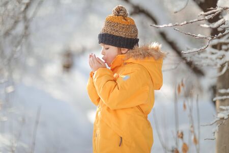 Child winter in in cold weather happy and runs around on snow drifts.の写真素材