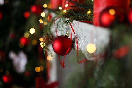 Christmas decorations close-up. Tree branches and candles.の写真素材