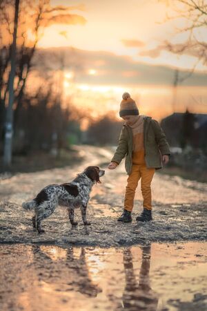 A boy with a dog on the street near a puddle during sunset.の写真素材