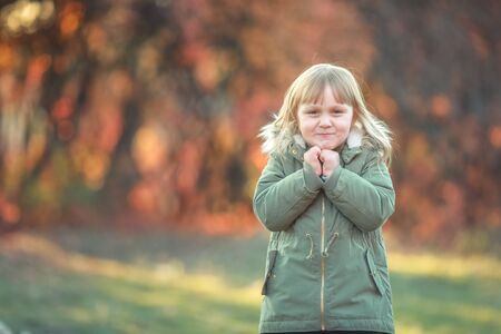 A cheerful child walks in the autumn in a garden with trees covered with a yellow leaf.の写真素材