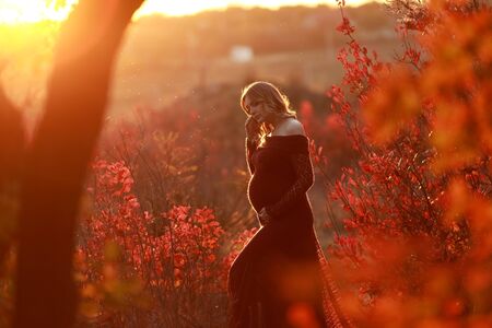 Beautiful woman outdoor in the sunset on the background of a natural Park.の写真素材