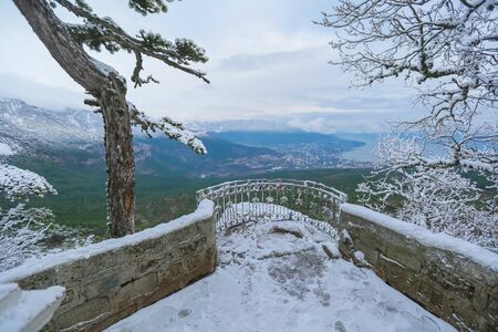 Panoramic view of the winter mountains down from the top of the plateau.の写真素材