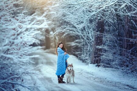 A young woman in the woods walking a purebred pet husky breed.の写真素材