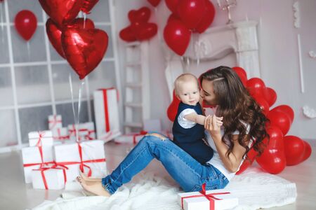 Family photo beautiful family mom with baby boy 1 year.の写真素材