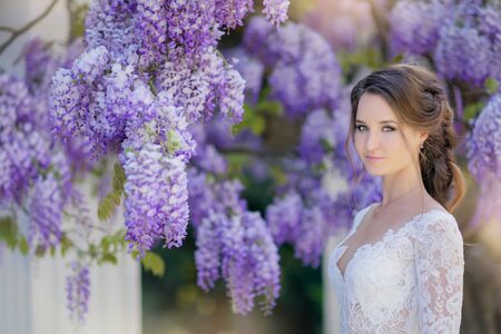 Wedding photo of a woman standing under a tree and touching a branch with her hands.の写真素材
