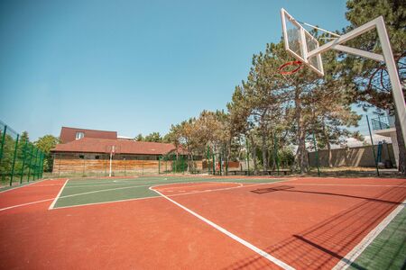 A basket ball with a modern coating. Sports basketball court from different angles without peopleの写真素材
