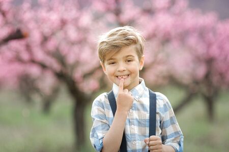 Boy, 6 years old, reveals a fallen tooth. The happiest child in a plaid shirt and a beautiful hairstyle walks in the spring gardenの写真素材