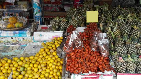 Counters and showcases with exotic tropical fruits in a warm Asian countryの写真素材