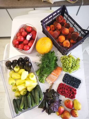 Lifestyle of a healthy vitamin diet. Fresh fruit berries and vegetablesの写真素材