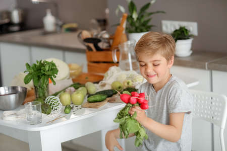 The child puts vegetables on the table and prepares a salad.の写真素材