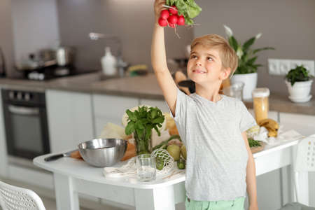 The child puts vegetables on the table and prepares a salad.の写真素材