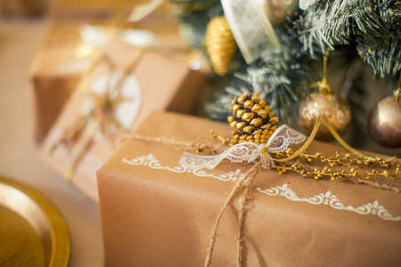 Golden Christmas decorations with large details and a beautiful compositionの写真素材