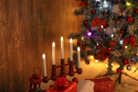 Christmas decorations in red and white. Hearts, boxes and garlandsの写真素材