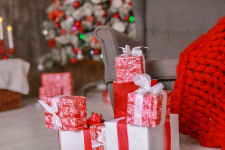 Christmas decorations in red and white. Hearts, boxes and garlandsの写真素材